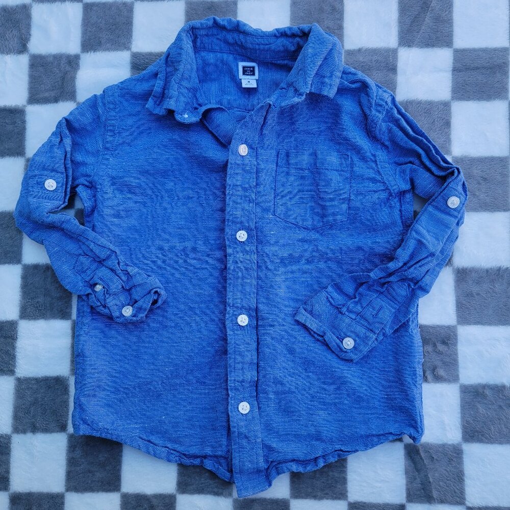 Janie and Jack Blue Linen Cotton Button Up Shirt Boys Size 3